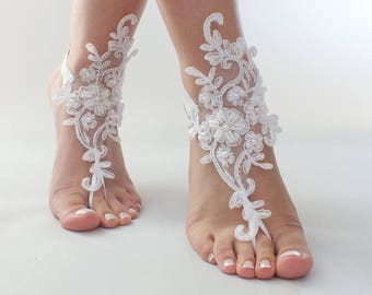 EXPRESS Ship white or ivory foot jewelry, lace sandals, beach wedding barefoot sandals, wedding bangles, anklets, bridal, wedding