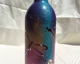 Dragonfly and Flowers Custom Painted Decorative Bottle