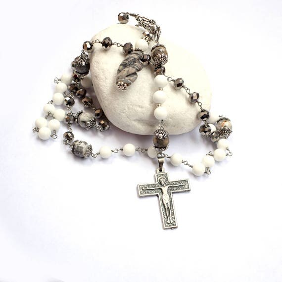 Gemstone necklace - Jasper Rosary - Crucifix necklace - unique Catholic rosary - gemstone jewelry - pendant necklace - catholic prayer beads