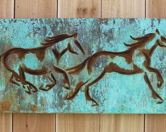 Turquoise patina and rust horse painting