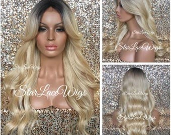 Long Curly Blonde Wig - Dark Roots - Bangs - Middle Part - Heat Resistant Safe