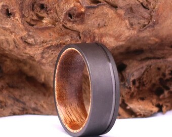 koa wood sand blasted gun metal grey mens band 8mm with pipping mens 8mm wedding band - Koa Wood Wedding Rings koa wood sand blasted gun metal grey mens band 8mm with pipping mens 8mm wedding band - Koa Wood Wedding Rings