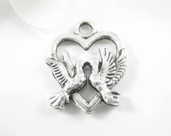 6Pc Antique Silver Heart and Dove Charms 15 x 19 mm Jewelry Charms