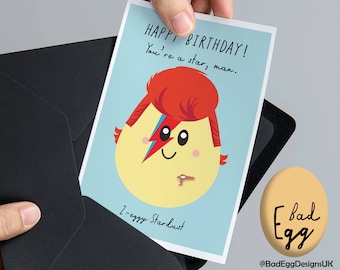 BadEgg David Bowie Card "Z-eggy Stardust" - David Bowie Ziggy Stardust Inspired Music Greetings Card by Bad Egg Designs UK