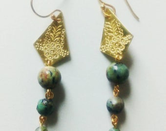 Gold Brass Geometric Earrings with African Turquoise
