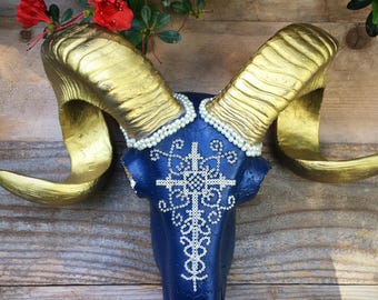 Wall Art / Taxidermy / Faux Taxidermy / Big Horn Sheep / Horns / Antlers / European Mount / BOHO / Hand Beaded / Cross / Rustic / Eclectic
