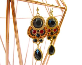 Spanish style earrings, soutache earrings, Persian sparkly jewelry, dramatic bold earrings, statement earrings, formal jewelry, gold jewelry