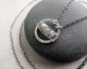 Labradorite Necklace, Orbit Necklace, Sterling Silver, Circle Necklace, Labradorite Jewelry, Gift for Her, Stamped Silver, Wire Wrapped