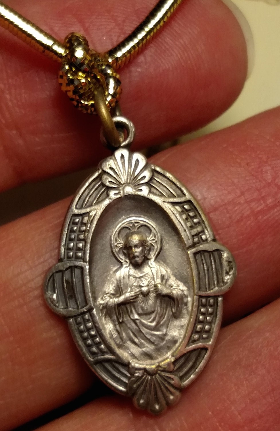 Vintage Art Deco Sacred Heart of Jesus Religious Medal Pendant