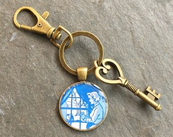 Nancy Drew Keychain Bronze with Ring Swivel Clasp and Key Vintage Book End Papers
