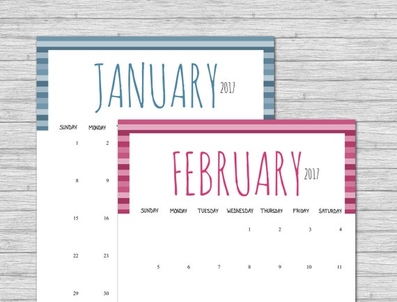 2017 Calendar, Printable Calendar, Stripes, Printable Monthly Calendar, Calendar Pages, Portrait Calendar, Calender, Instant Download