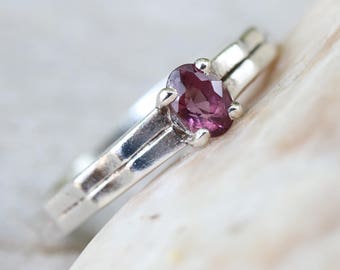 Sterling silver double band ring with faceted pink tourmaline gemstone