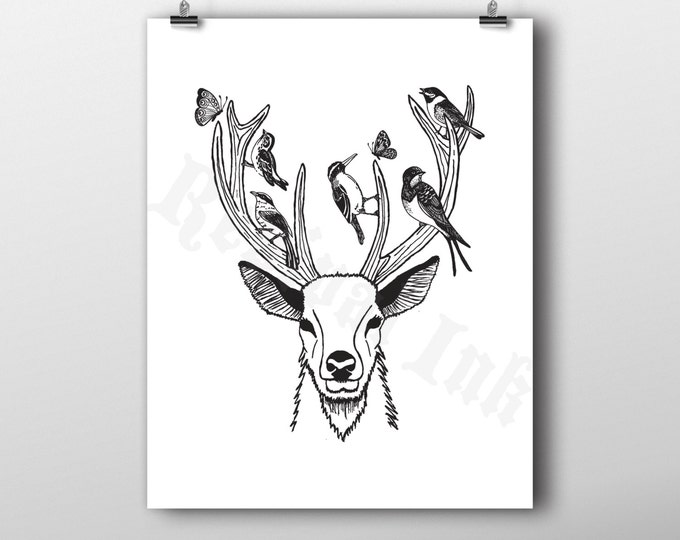 Rustic Decor, Woodland Nursery, Woodland Art, Deer Antlers, Deer Print Art, Boho Art Hanging, Deer Head Decor, Deer Head Wall Decor