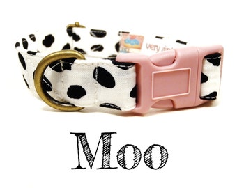 White Black Cow Print Polka Dot Dog Collar - Organic Cotton - Antique Brass Hardware - "Moo"