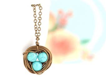 Mothers Necklace - Turquoise Bird Nest Necklace - Gift for Mom - Family Jewelry - Gift For Mother - Woodland Necklace - Mommy Jewelry