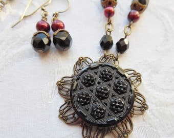 Redmond, Antique Button Necklace with Matching Earrings, Freshwater Pearls, One of a Kind, Beautiful and Unique