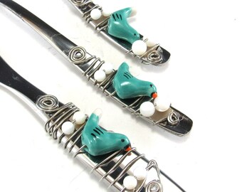 Appetizer Fork, Spoon, and Knife/Set of 3 Beaded Knife Fork and Spoon/Beaded Hors'dourve Utensils/