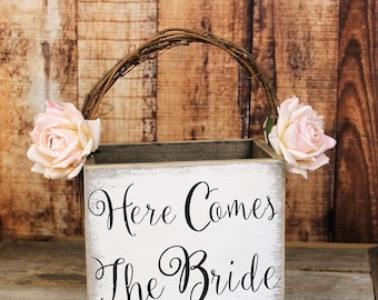 Wooden Flower Girl Basket, Here Comes The Bride Wedding Decor, Rustic Wedding, Shabby Chic Wedding Basket, White-Barn-Paper Flowers
