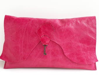 Raw edge leather clutch purse with vintage key detail - pink