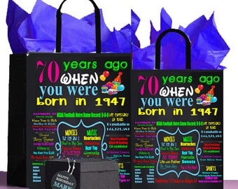 70th Birthday Gift Bag , 1947 A perfect way to turn the past into a Present! Retro Nostalgic,Anniversary,Retirement