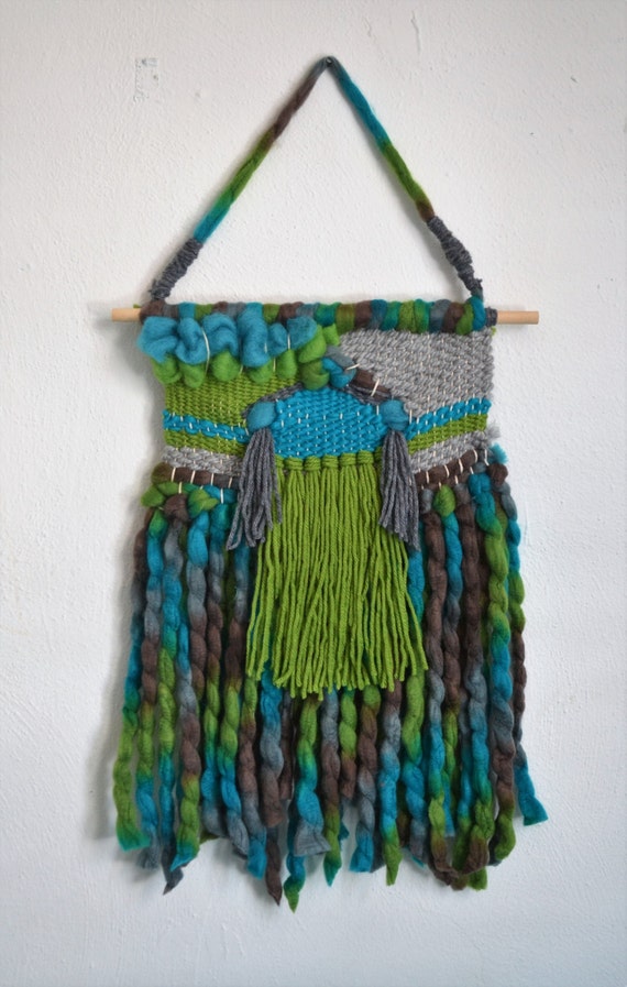 Turquoise Blue Green Gray Fringe Woven Wall Hanging Weaving