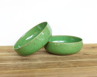 Bright Spring Green Stoneware Ceramic Pottery Bowls, Set of 2