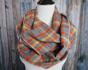 Autumn Scarf - Pumpkin Plaid Scarf - Orange Plaid Scarf -Mustard Scarf - Gray Flannel Scarf - Plaid Infinity Scarf - Circle Scarf
