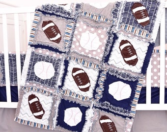 Sports Crib Bedding - Navy / Gray Baseball Nursery - Football Nursery - Boy Crib Bedding Set - Crib Size Rag Quilt, Sheet, Skirt, Bumper