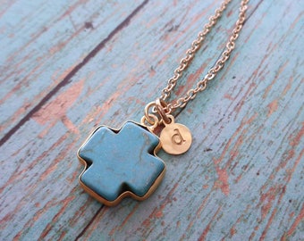 Cross Necklace/Natural Turquoise Cross Gold Initial/Confirmation Baptism Gift/Southwest Rustic Gift/December Birthstone/Blue Gold Cross/G7