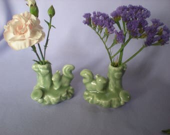 Green Squirrel Posey Holders-Two Vintage Ceramic Bud Vases-Squirrel Vase Collectible