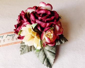 Dark Cherry Merlot red Vanilla daisy Roses Mixed bunch Vintage style Millinery Flower spray Bouquet corsage