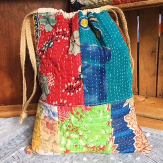 Drawstring bag vintage kantha quilt medium blue red grn India