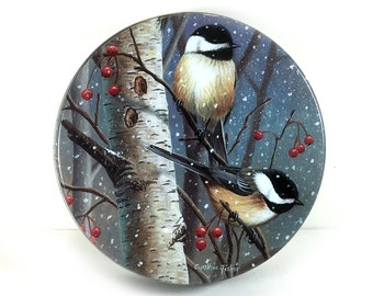 Vintage Round Metal Tin - Winter Chickadees