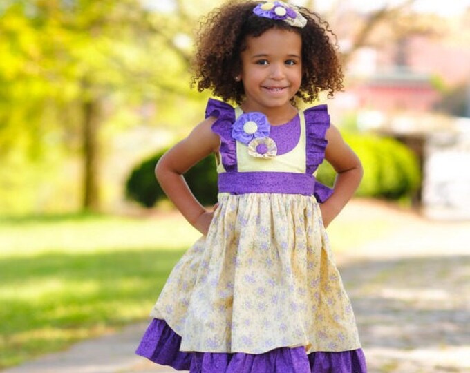 Boutique Easter Dress - Little Girl Clothes - Toddler Girl Dress - Flutter Sleeves - Ruffle Dress - Yellow Purple - sz 2T to 8