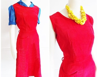 1950s red corduroy Dress / Mid Century sleeveless dress/ fifties summer dress/ 1940s red dress/ pin up dress