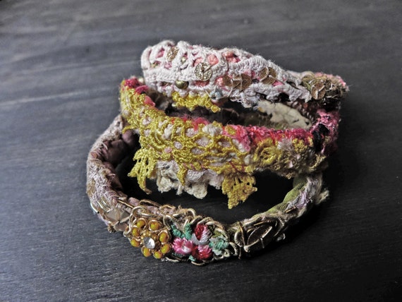 Stitched textile bangle stack - Bohemian fabric bracelet set "Ensorcell"