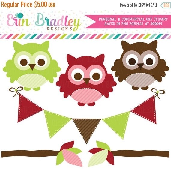 50% OFF SALE Christmas Owls Clipart, Holiday Clip Art Graphics, Bunting Banner Flags, Tree Branches Clipart Il_570xn