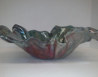 X-Large Iridescent Raku Bowl - Handmade Pottery - 13"-14" across - READY TO SHIP - Coppery Green with shimmery rainbow highlights