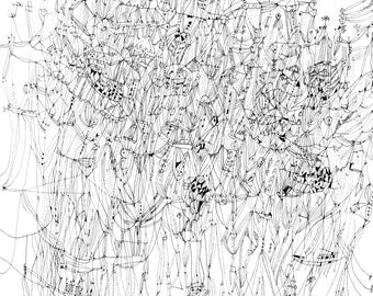 Meditation drawing - print of floating forms ink drawing black and white