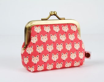 Metal frame change purse - Chibi foxes on pink - Deep mum / Kawaii fabric / Mini fox / light brown beige / blush