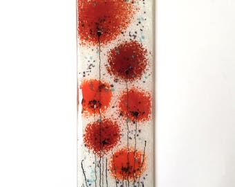 Red Flowers Fused Glass Wall Art - A glass picture made from art glass with a background of off white and red poppy flowers - EH 578