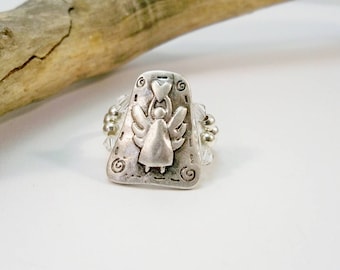 Silver Ring, Crystal Angel Wing Ring, Stretch Band Ring, Handmade Ring, Women's Jewelry, Stretch Band Ring