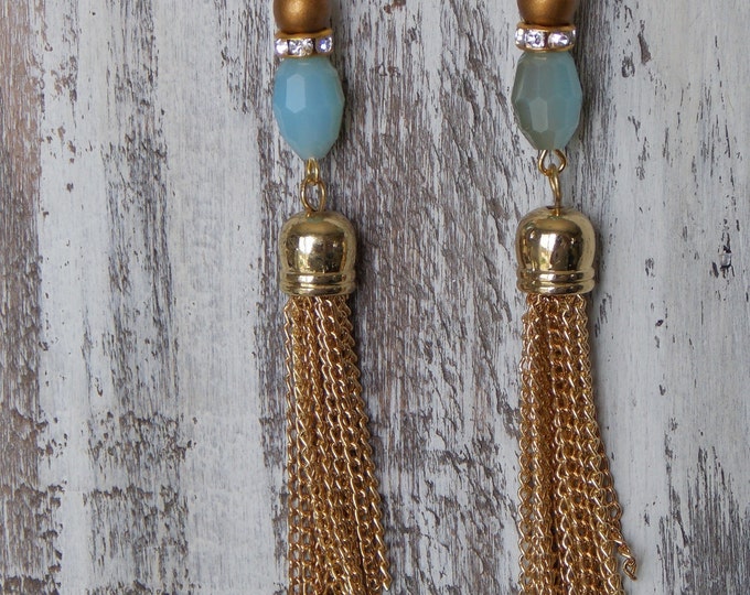 Gold Chain Tassel Earrings Czech Glass Dangle Long Chain Rhinestone Aqua Gold Boho Fashion Glam Sparkle Jewelry