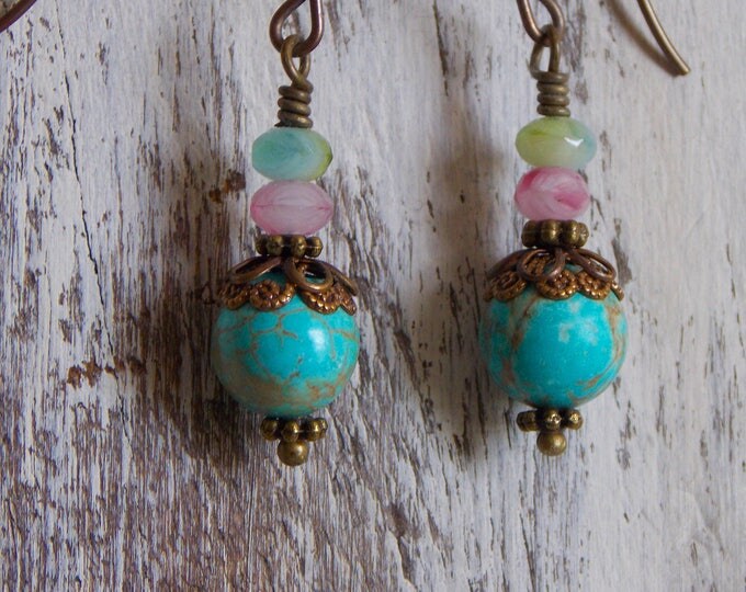 Czech Glass Earrings Boho Earrings Turquoise Earrings Pink Green Blue Earrings Vintage Style Dangle Drop Gift Small Light Dainty Earrings