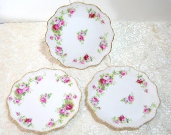 A. Lanternier & Co Limoges 7" scalloped Roses Plates, Set of Three