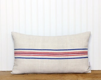 Grain Sack Pillow Cover - Stripe Pillow- Blue and Red - Beach House - Cottage Decor - Farmhouse - Antique Grain Sack - Reversible
