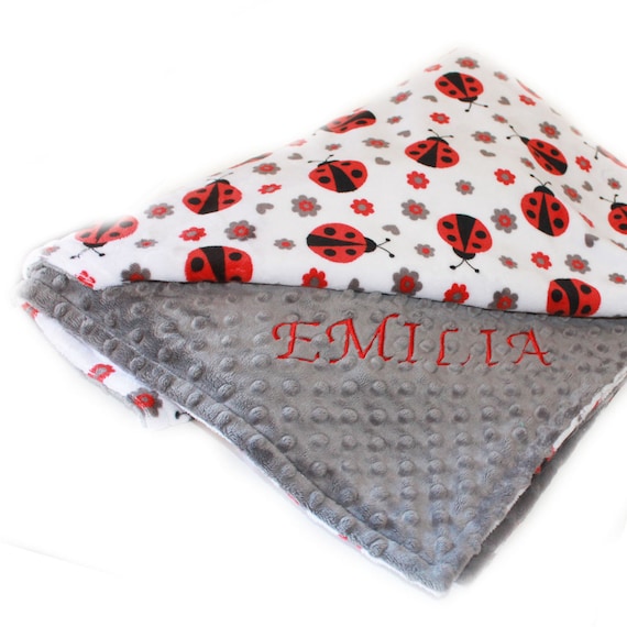 Personalized Baby Blanket For Girl, Ladybug Blanket - Red Gray // Girl Nursery // Minky Baby Blanket / Baby Shower Gift / Name Blanket