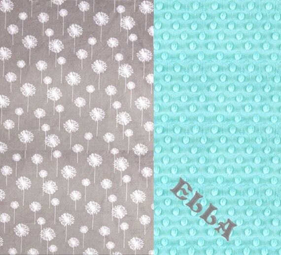 Minky Baby Blanket Girl, Aqua & Gray Flower Personalized Baby Blanket - Dandelion Stroller Blanket - Nursery Decor // Flower Blanket