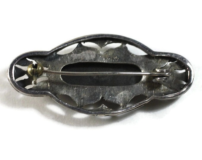 CIJ Sale Oval Black Cabochon Brooch Marcasites Sterling Silver Vintage Art Deco Style