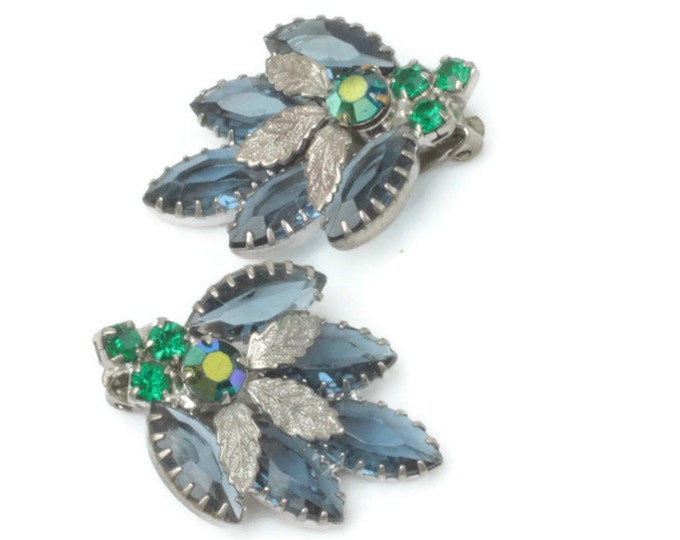 Blue Green AB Rhinestone Earrings Silver Leaves Vintage